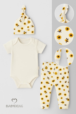 Babyden's Arı Desenli Bebek Takımı Pamuklu Kısa Kol Body Pantolon Ve Şapka Seti Yenidoğan Kız Erkek Bebek Alt Üst Takım Ekru