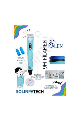 Mavi 3D Kalem 3D Pen 3 Boyutlu Yazıcı Kalem 3 Renk 9 Metre Filament + USB KABLO
