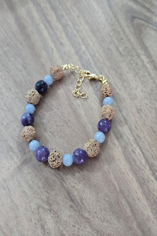 8 Mm Rudrashka, Lepidolit, 6 Mm Anjelit Doğal Taş Bileklik Çok Renkli
