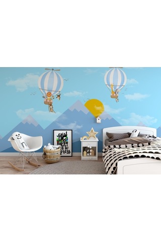 Dağ Güneş Ve Balon Çocuk Odası Posteri Mavi