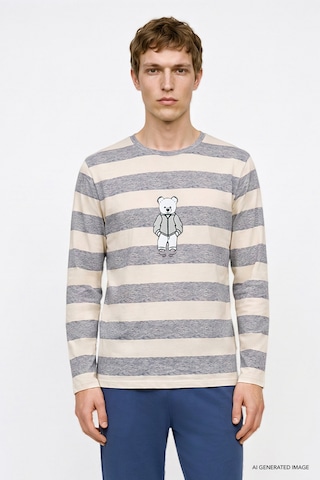 Ac&Co / Altınyıldız Classics Erkek Indıgo Ekru 2'li Yumuşak Dokulu %100 Pamuk Standart Fit Bisiklet Yaka Yan Cepli Çizgili Pijama Takımı