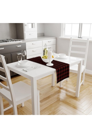 Kırmızı-siyah Kare Runner 140x45cm Ince Keten, Uluslararası Yıkama Ve Solmama Sertifikası Çok Renkli