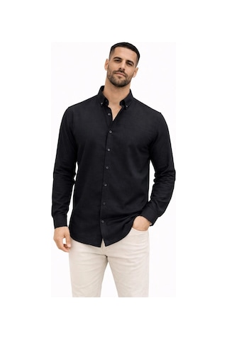 Wear Vexel Erkek Keten Kumaş Uzun Kollu Regular Fit Gömlek - Siyah Çok Renkli