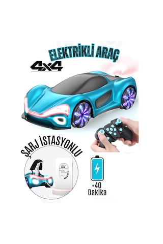 Oyuncak Uzaktan Kumandalı Şarjlı Elektrikli Araba 4x4 Şarj İstasyonlu Led Işıklı Sesli Müzikli Rc Mavi