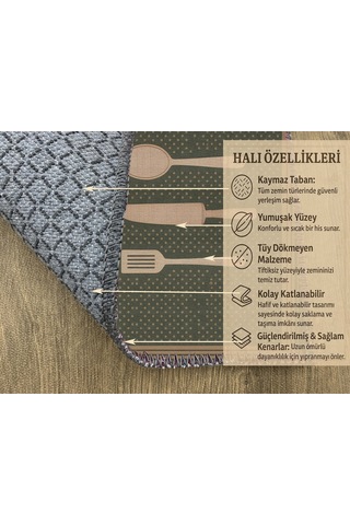 Turkıshrug Kıngdom Haki Kitchen Yazılı Halı Kaymaz Pamuk Taban, Dijital Baskı Çok Renkli