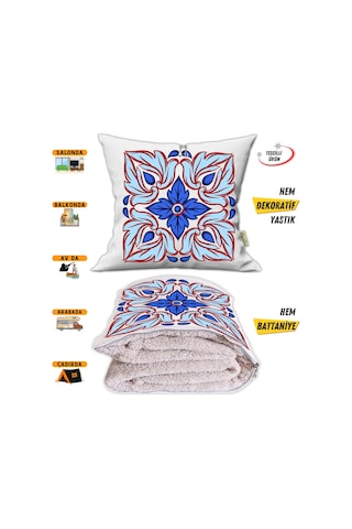 Soft Etnik Desen Tv Battaniyeli Opsiyonel Dekoratif Yastık Kırlent 2 İn 1 Battaniye Çok Renkli