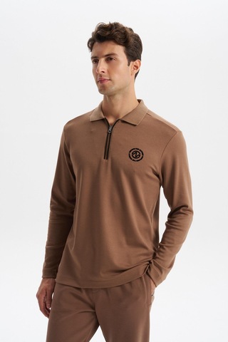 Ar-ma Erkek Slim Fit Fermuarlı Polo Yaka Sweatshirt İnce Modal Pamuk Elastan Karışımlı Örme İnterlok Kumaş K30554989102 Kahverengi-k7 Kahverengi