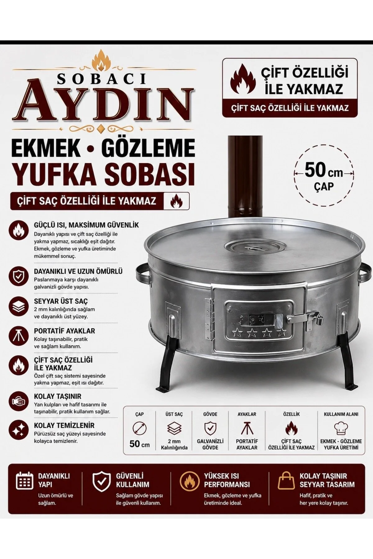 Sobacı Aydın Tandır Sobası Yufka Ekmek Kavurma Sacı 50 CM