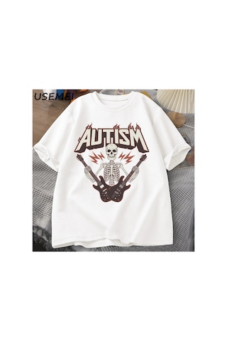 Tarzsokak İskelet Gitar Grafik T Shirt Komik Otistik İskelet Otistik T-shirt Pamuk Kısa Kollu Tee 2986 Beyaz