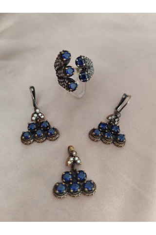 Otantik Safir Taşlı Bayan Gümüş Set Bronz