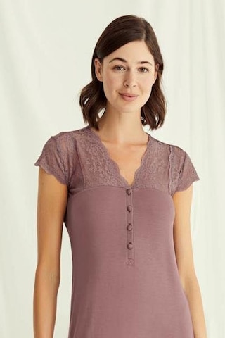 Monamise 18511 Kadın V Yaka Dantelli Düğmeli Kısa Kollu Gecelik-kahve Kahve