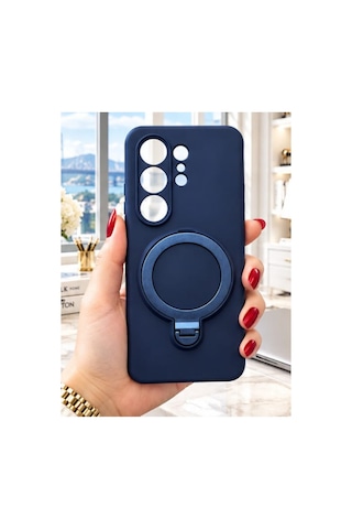Samsung S26 Ultra İle Uyumlu 360 Derece Dönebilen Kalın Metal Magsafe Halka Stantlı İçi Kadife Korumalı Ultra Lüx Premium Silikon Kılıf Koyu Lacivert