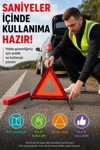 1 Adet Katlanabilir Üçgen Acil Durum Reflektörü Metal Ayaklı Taşıma Kutulu Araç Uyarı Üçgeni Kırmızı