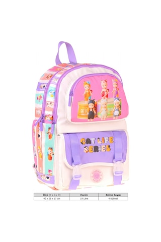 Kaukko Kids Dört Bölmeli Kız Çocuk Cat Life Baskılı Mor - Krem Okul Sırt Çantası - L5313