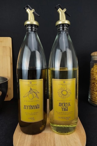 Lombardino Vetro 2'li Zeytinyağı Ve Sıvıyağ Şişesi Gold Etiketli Yağdanlık 1000 Ml Sh-0024