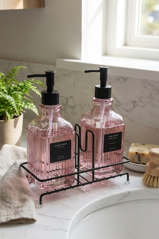 Makri Home Modern Çizgili Desenli Cam Ikili Sıvı Sabunluk & Deterjanlık Seti, Pembe- 500 Ml Cam Sabunluk