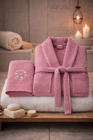 Tek Kişilik Banyo Havlulu Bornoz Seti Pamuklu Bukle Şalyaka Nuvia Mürdüm