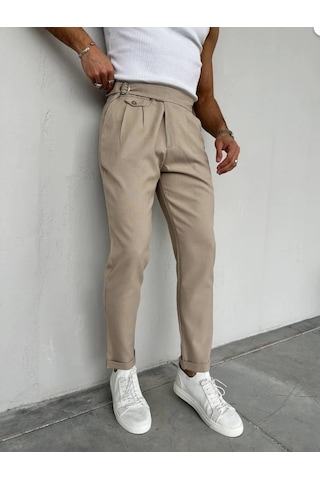 Erkek Bel Toka Detaylı Pileli Old Money Pantolon Bej