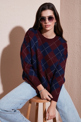 Lela Oversize Fit Bisiklet Yaka Baklava Desenli Bayan Kazak 4615579 Bordo