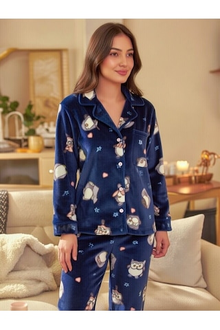 Rukod Kadın Mavi Penguen Desenli Polar Gömlek Yaka Düğmeli Uzun Altlı Pijama Takımı Lacivert