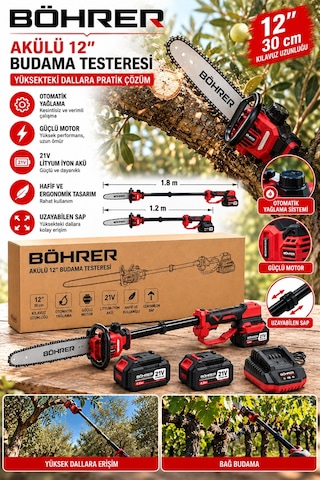Böhrer Ba011518 12 İnç 30 Cm Akülü Budama Testeresi 21v Çift Akülü Otomatik Yağlamalı Uzayabilir Dal Budama T