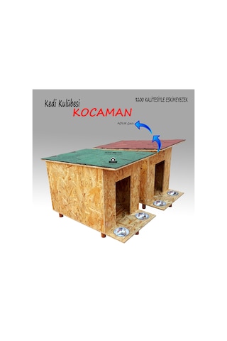 Çelik Mama Kabı + Kedi Kulübesi Açılır Çatılı Büyük Ahşap Kedi Evi 81 x 46 x 60 CM
