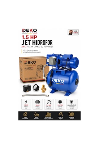 Deko Dkjet2490 1.5 Hp Bakır Sargılı Jet Hidrofor 24 Lt Otomatik Basınç Su Pompası Villa Bahçe