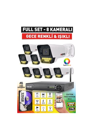 8 Kameralı 5mp Lensli 1080p Fullhd Renkli Gece Görüşlü 9 Led Güvenlik Kamerası Seti - 320gb