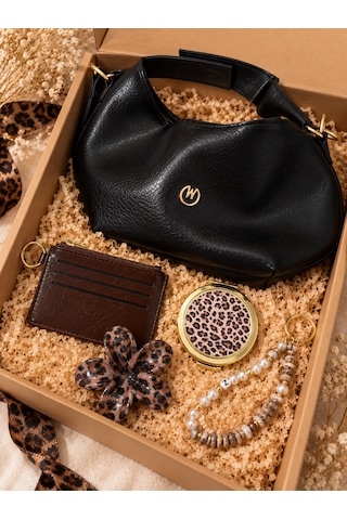Elpida Bags Kadın Siyah Çanta Ve Aksesuar Hediye Seti Çanta, Kartlık, Cep Aynası, Toka Ve Charm Leopar - Siyah