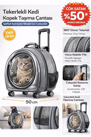 Jumbo Fileli Tekerlekli Kedi Köpek Taşıma Çantası 45 X 50 X 27 Cm Gri 15 Kg