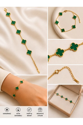 Yeşil Yonca Motifli Gold Bileklik Gold - Yeşil Yeşil Yonca Motifli Gold Bileklik Gold - Yeşil