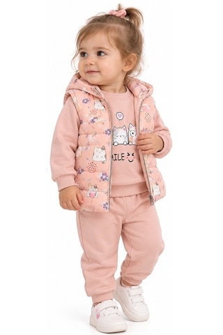 İrem Kız Bebek Kedi Desenli Şişme Yelekli Pudra Renk Üçlü Takım