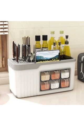 Pazly Beyaz Çok Fonksiyonlu Baharat Kutusu Mutfak Depolama Çeşni Şişesi Bıçağı Takım Saklama Beyaz