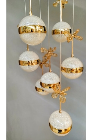 Şık Tarz Modern Led Avize Gold Ledli Salon Avizesi Kelebek Taşlı 7lı Sarı