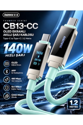 Remax Cb13-cc Thunder Serisi 140w Oled Ekranlı Bluetooth App Kontrollü Type-c Hızlı Şarj Ve Data Kablosu 1.2 Metre Mint Yeşili