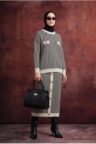 Armine Desenli Düğme Detaylı Triko Etekli İkili Triko Takım Taş 22kd4214
