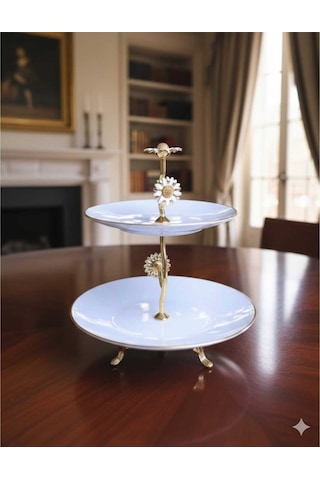 Çnr Home Collection Metal Ayakli Yaldizli Katli Porselen Sunumluk Kurabiyelik Şekerlik Beyaz