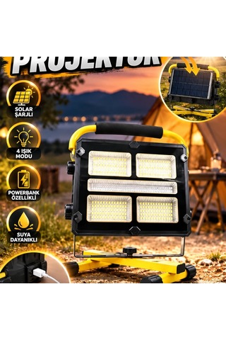 Solar Şarjlı Led Kamp Projektörü 4 Işık Modlu Powerbank Özellikli