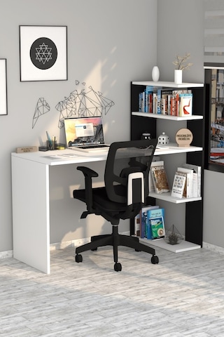 Moonlife Çınar Kitaplıklı Çalışma Masası Beyaz Siyah Beyaz