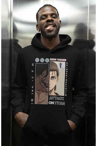 Sevbano Attack On Titan Eren Yeager Baskılı Unisex Oversize Anime Karakte Siyah