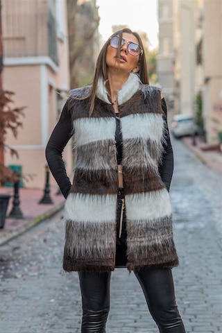 Keyifli Moda Kadın Kahverengi Beyaz Çizgili Arkası Bej Deri Detaylı Cepli Uzun Kahverengi