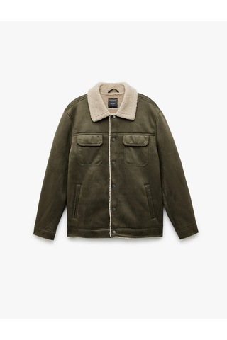 Koton Kapaklı Cepli Çıtçıt Düğme Detaylı Slim Fit İçi Peluş Yaka Suni Süet Ceket Haki 6wam20103hw