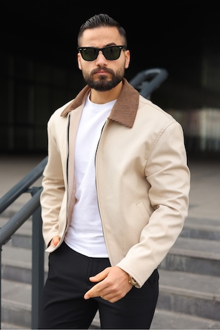 Kadife Yakalı Trucker Model Ceket Krem