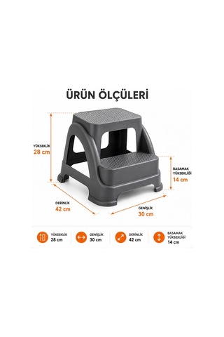 Lexroo 2 Basamaklı Merdiven Tabure Kaydırmaz Ayaklı Sağlam Plastik Basamak Standart