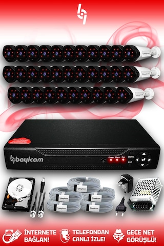 Bayicam 32 Kameralı Uzay 32 Dış Kamera Set 250 GB HDD Full HD Gece Görüşlü Güvenlik Kamerası Sistemi