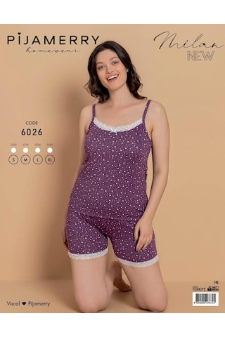 Pijamerry Kadın İp Askılı Milan Kumaş Likralı Şortlu Pijama Takımı 6026 - 1 Adet Mor