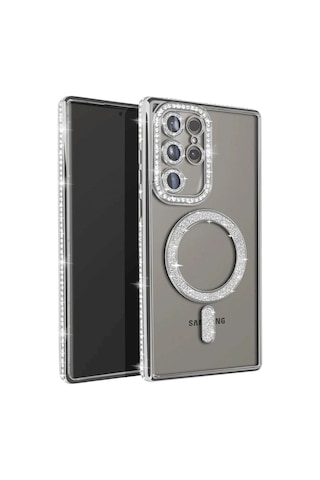 Samsung Galaxy Uyumlu- S25 Ultra Kılıf Joke Simli Magneticsafe Kılıf - Gümüş