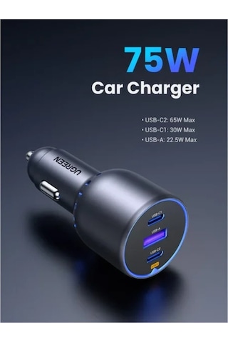 Ugreen 75w 3 Portlu Araç İçi Şarj Cihazı Çakmaklık Adaptörü, 35024