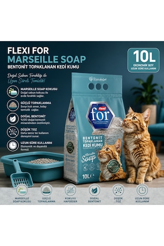 Marsilya Sabunu Kokulu Bentonit Topaklanan Premium Kedi Kumu 10 L - Tozsuz - İnce Taneli