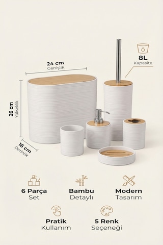 Makri Home 6 Parça Beyaz Banyo Seti, Bambu Detaylı, 8l Çöp Kovası 24x26x16 Cm